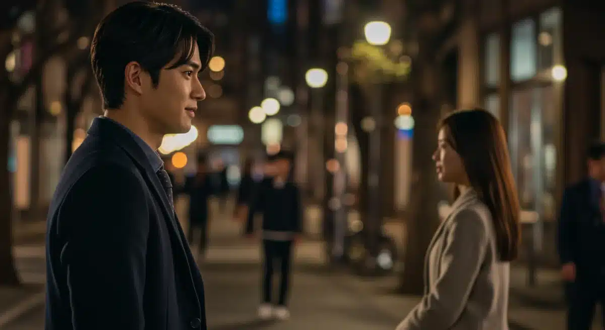 Male second lead observing female lead with the main character, conveying unrequited affection.
