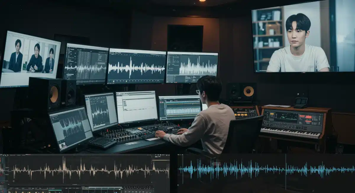 Music producer working on a dorama soundtrack in a professional studio environment.