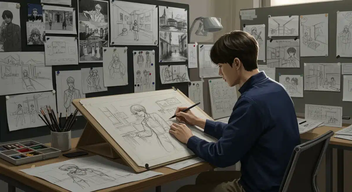 Storyboard artist working on dorama scene concepts and character designs for a 2025 series.