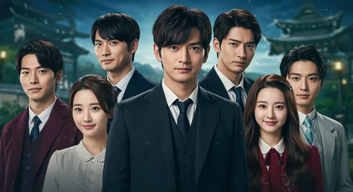 Dorama ensemble cast celebrating a victory or resolution, showcasing triumph.