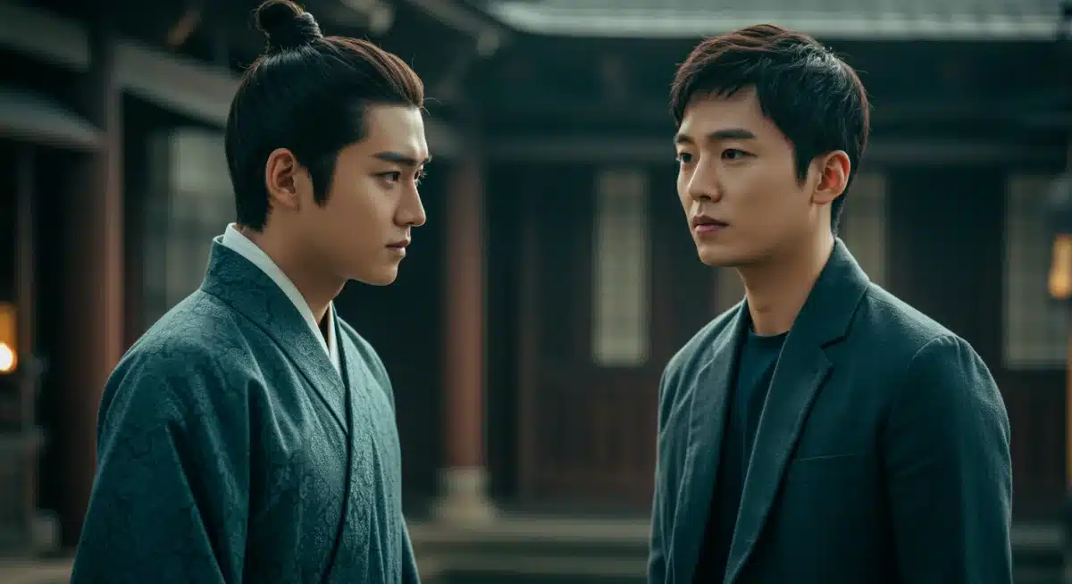 Historical and modern dorama characters meeting, depicting a time travel trope in 2026 doramas.