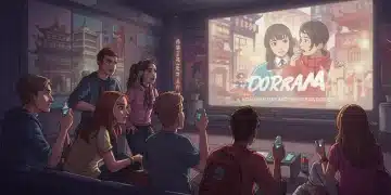 Diverse audience watching culturally adapted dorama on a large screen, symbolizing global entertainment trends.