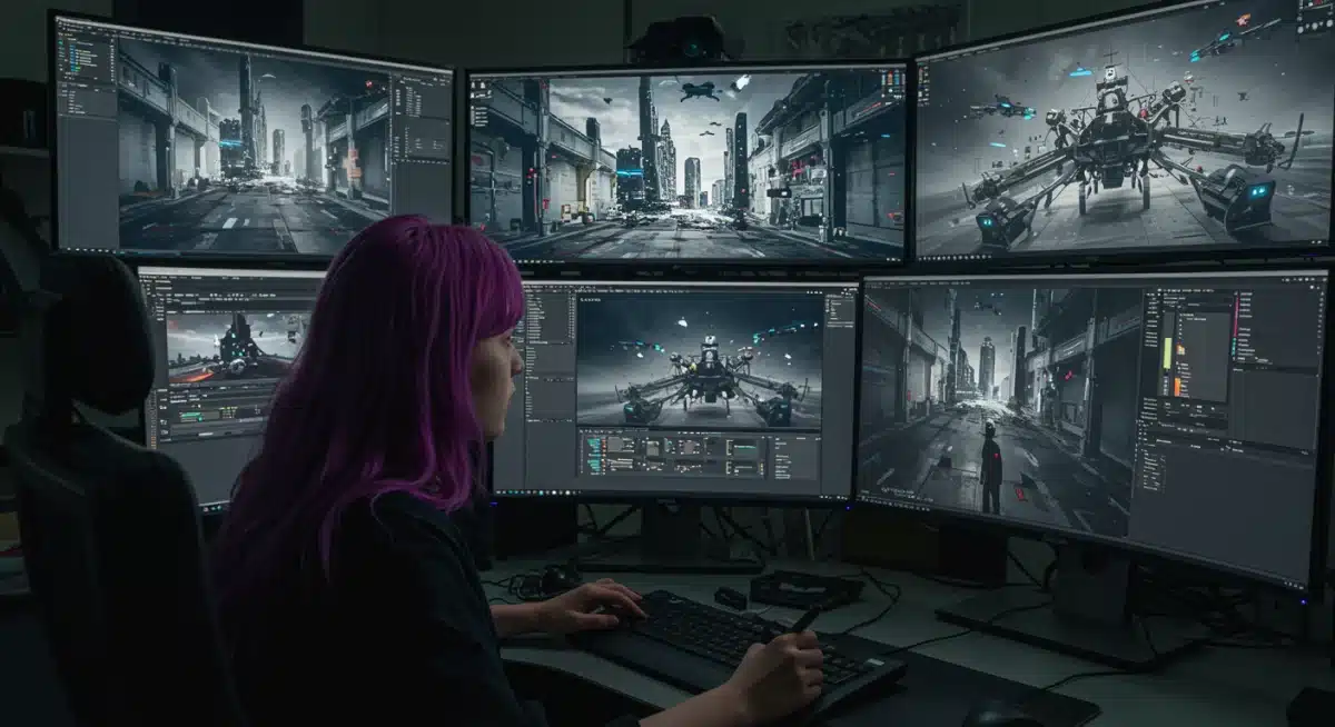 Visual effects artist creating CGI for a 2025 dorama, showing advanced digital graphics.