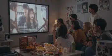 Friends enjoying a Dorama Watch Party in 2026 with snacks and themed decor.