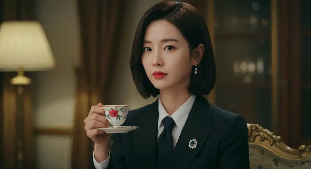 An elegantly cruel female dorama villain from 2026, showcasing sophisticated menace in a lavish setting.