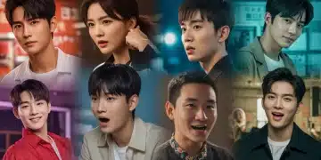 Five emerging dorama actors, diverse and charismatic, set against a backdrop of dramatic dorama scenes, symbolizing their rising star power.