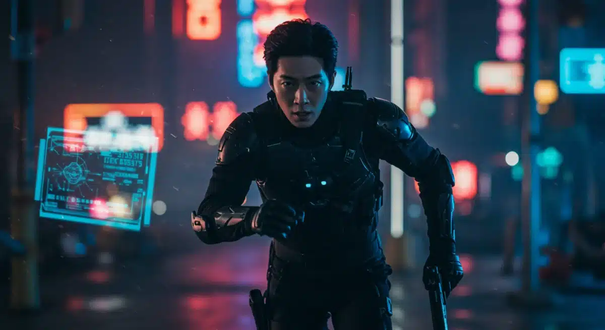 Protagonist in futuristic combat gear in a neon-lit cityscape, hinting at high-speed action.