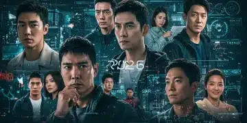 Futuristic dorama trends collage with diverse characters and digital interfaces