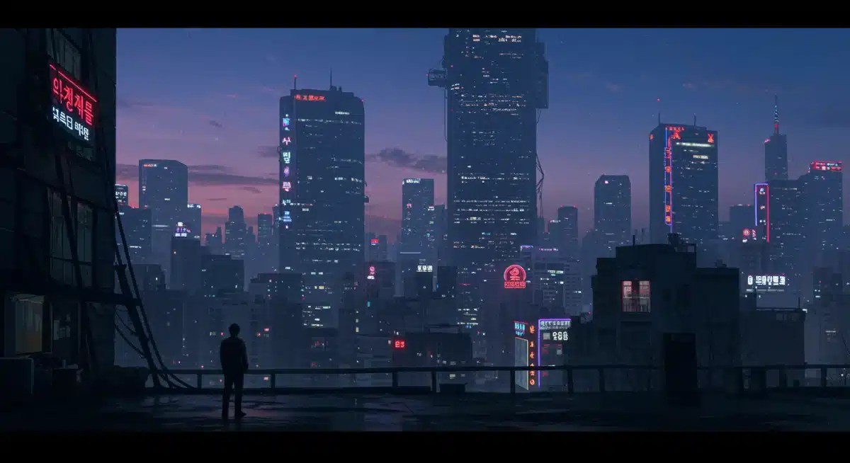 Futuristic Seoul skyline at dusk, depicting a potential setting for a 2026 K-drama.