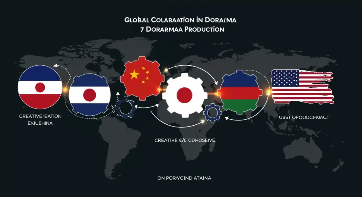 Global dorama co-production infographic with interconnected flags