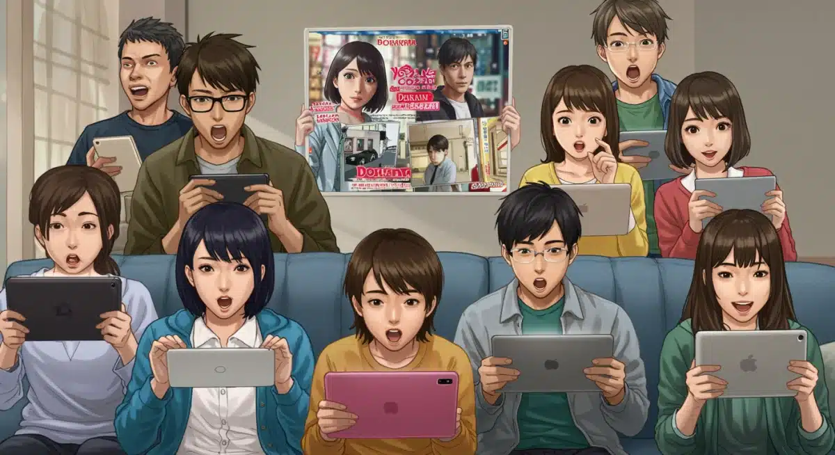 Global dorama fans watching popular series, symbolizing widespread appeal and reach.