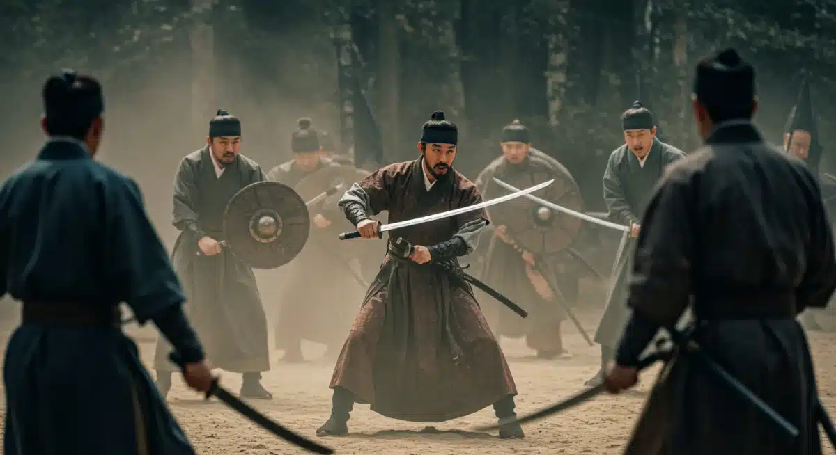 Historical action dorama scene with warriors in traditional attire engaged in a sword fight.