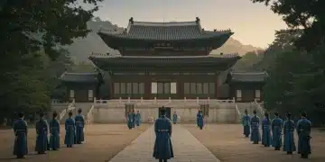 Grand East Asian palace at dawn, setting the scene for historical doramas.