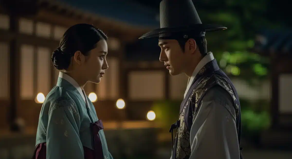 Romantic historical K-drama scene with characters in traditional attire in a garden.