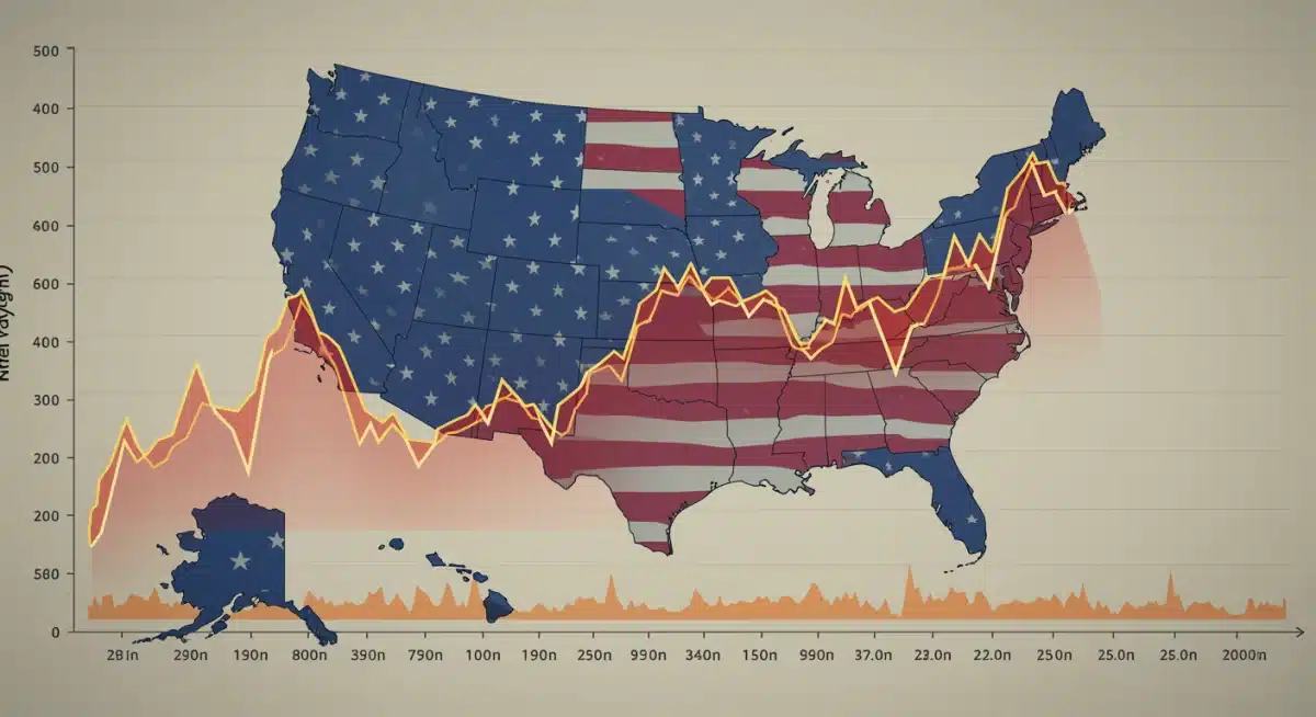 Graph illustrating fluctuating interest rates with U.S. map overlay, representing economic trends.