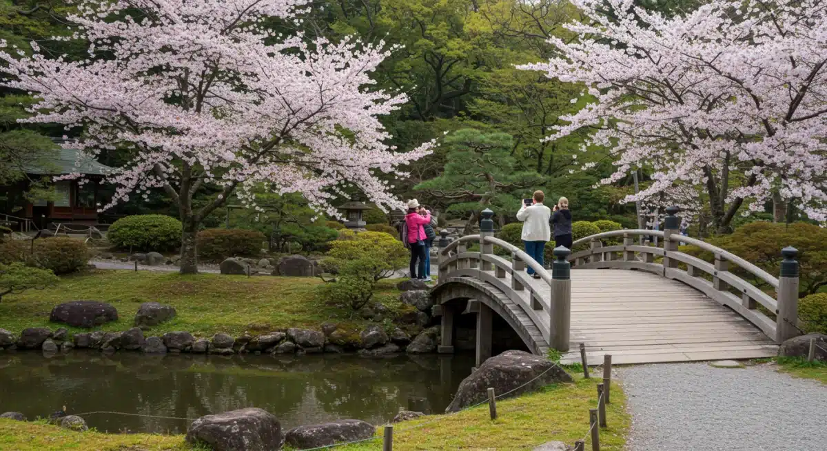 Japanese dorama inspired travel: American tourists exploring a beautiful traditional garden in Japan.