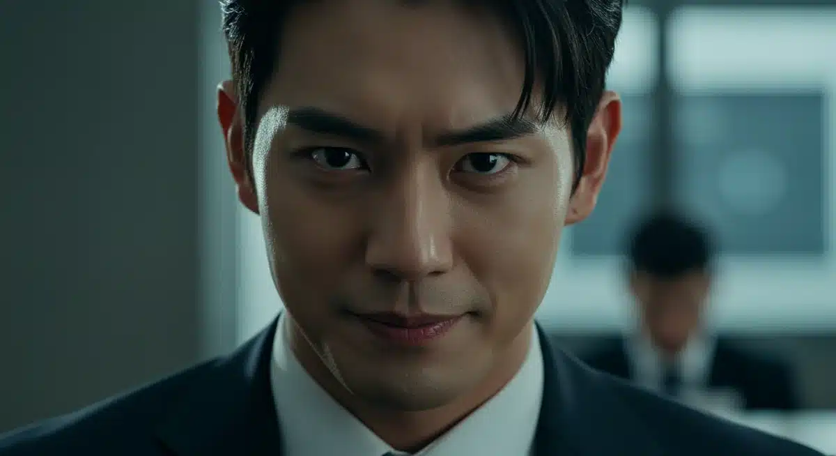 A male dorama villain from 2026 with an unsettling smile, exuding power and cunning in a corporate setting.