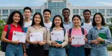 Students celebrating merit scholarship awards at a U.S. university campus for 2026.