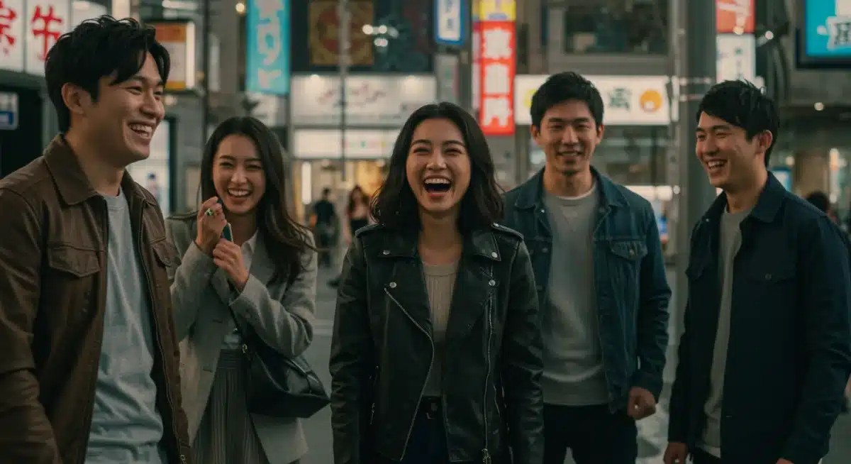 Young adults in modern Asian city, reflecting real social dynamics.