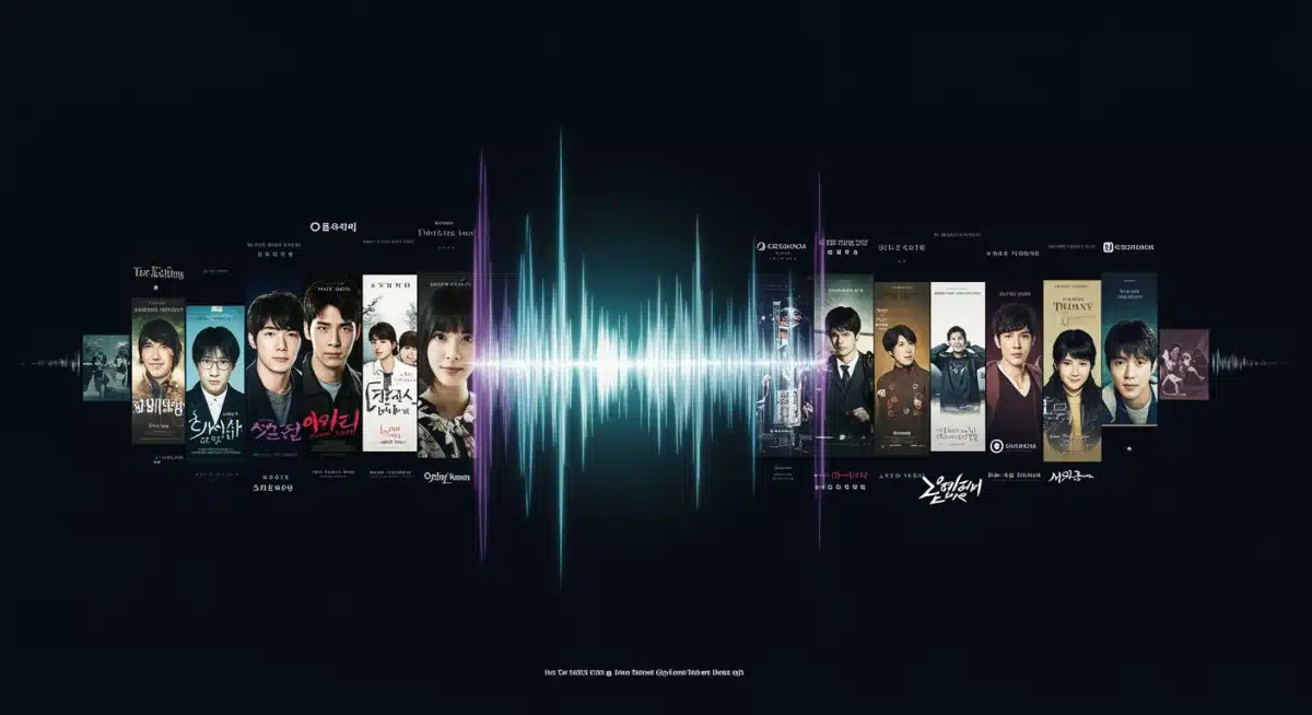 Musical journey graphic across diverse dorama posters, symbolizing discovery.