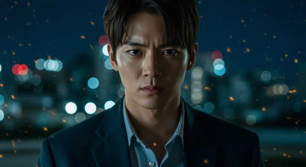 Intense mystery dorama character pondering a complex case in a city at night