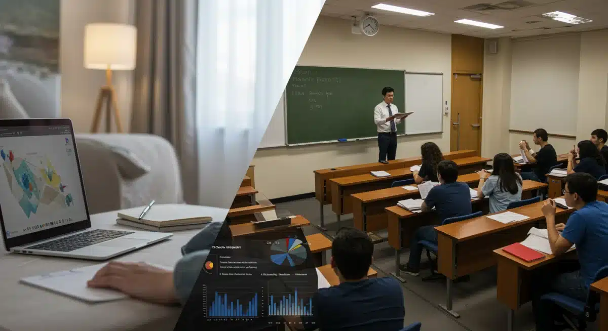Comparison of online vs. in-person degrees in 2026, showing a student studying online and another in a classroom.