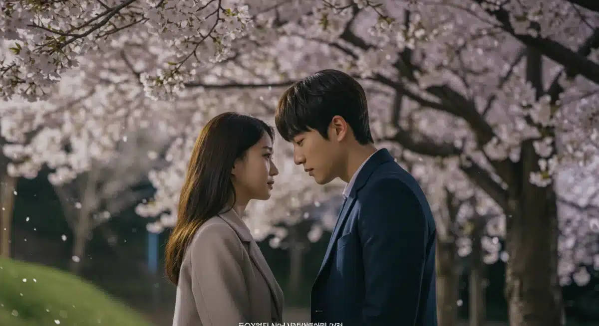 Romantic dorama protagonists under cherry blossoms in a tender, emotional scene