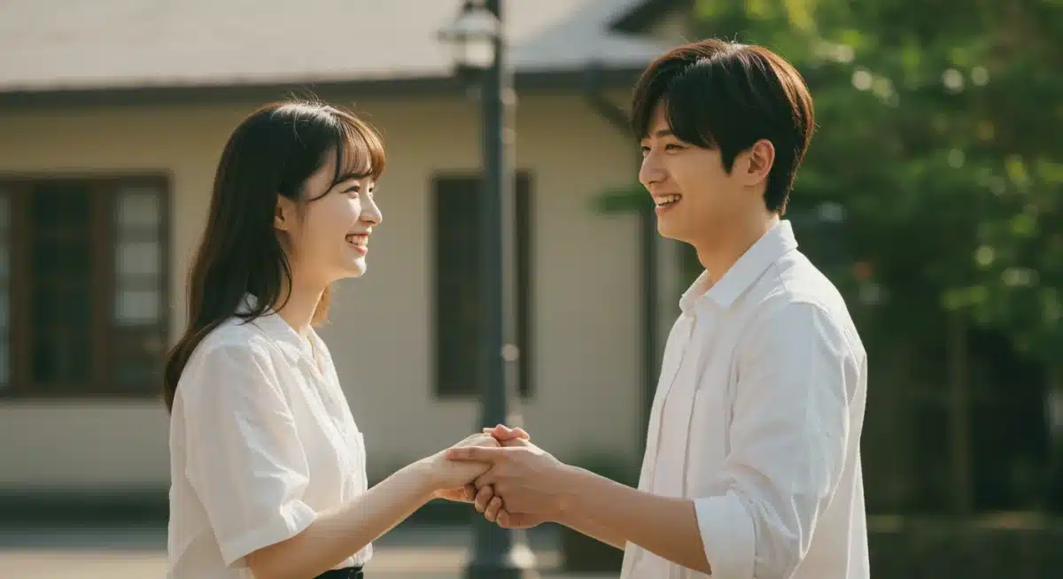 Romantic dorama couple sharing a tender moment, symbolizing a happy resolution.