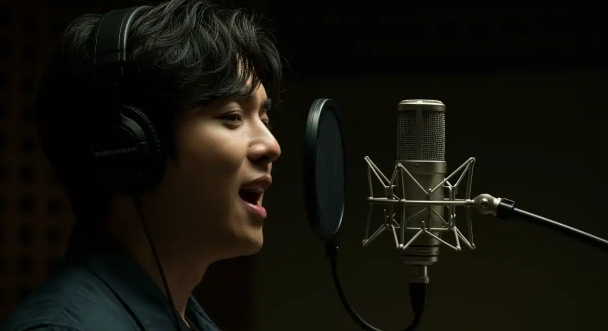 Singer passionately recording a dorama original soundtrack in a professional studio setting.