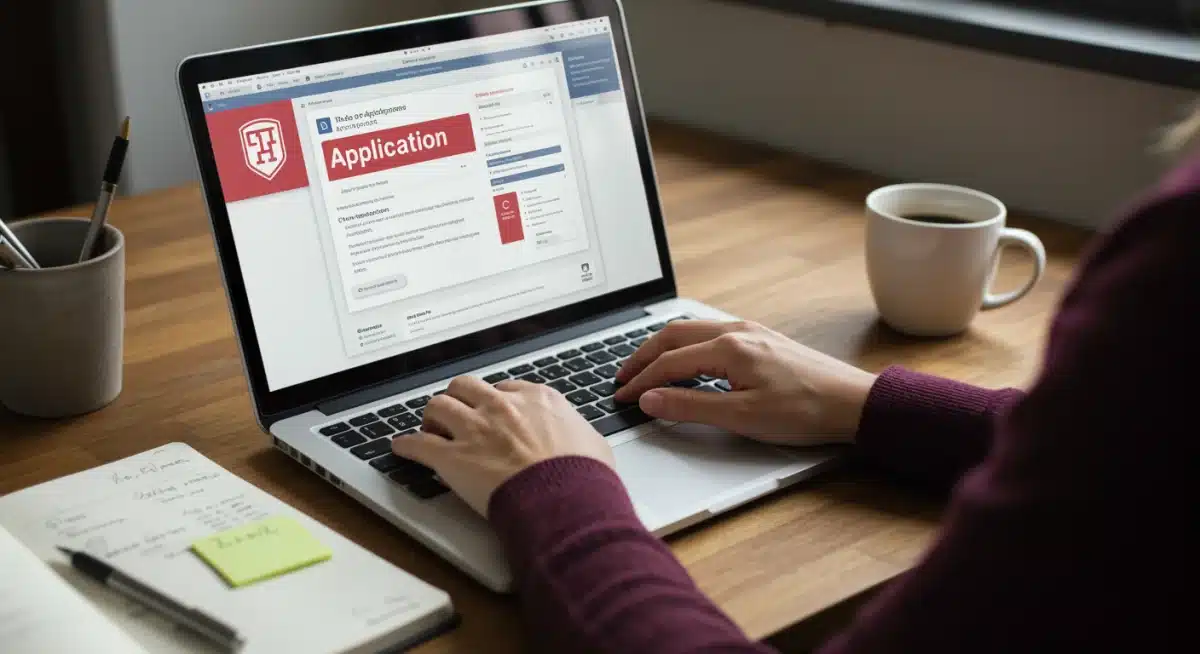 Student diligently working on college applications on a laptop, emphasizing focused preparation for 2026 deadlines.