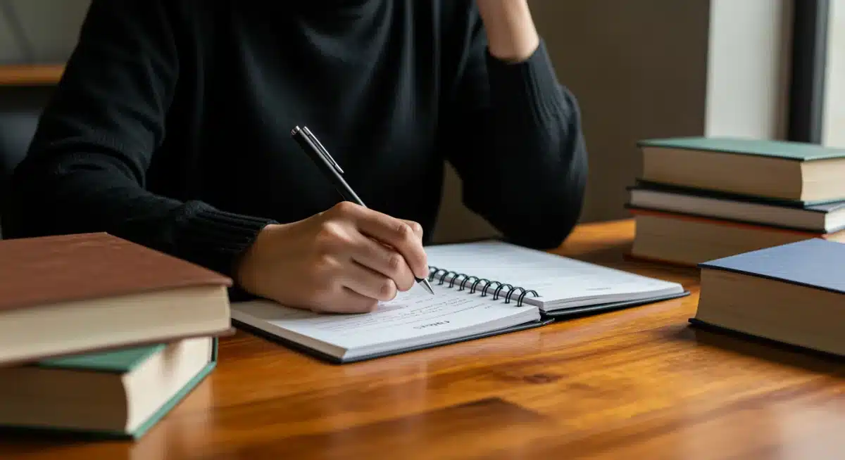 Student writing college essay with pen and notebook