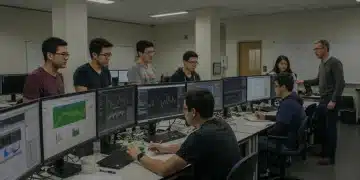 Students collaborating on a STEM project in a modern university lab setting.