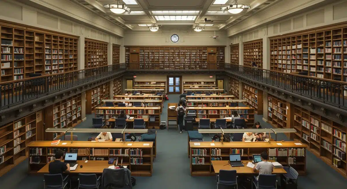 Students studying in a well-equipped university library, symbolizing strong academic resources.