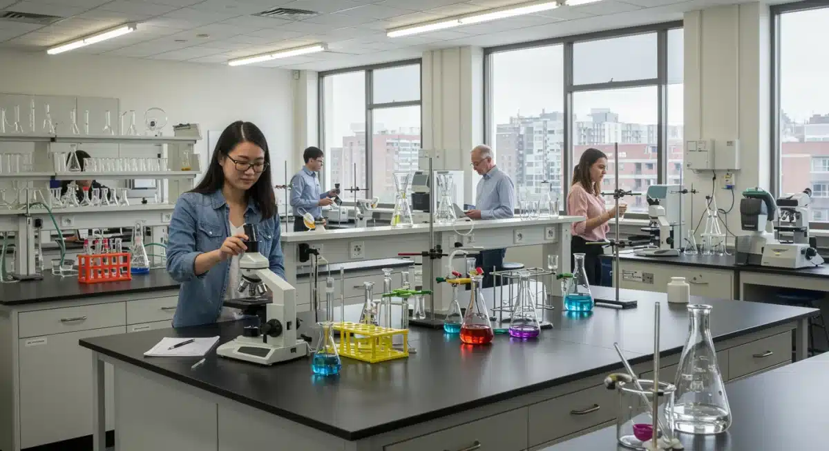 Students performing experiments in a modern university science lab, highlighting research opportunities.