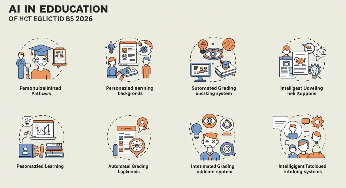 Infographic showing diverse AI applications transforming education by 2026
