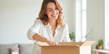 A beautiful housewife woman takes things out of an open cardboard box and smiles